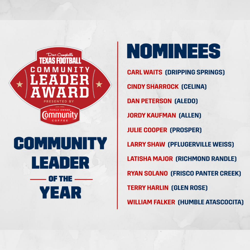 Graphic listing the nominees for the 2025 Dave Campbell’s Texas Football Community Leader Award, including Prosper’s Julie Cooper.
