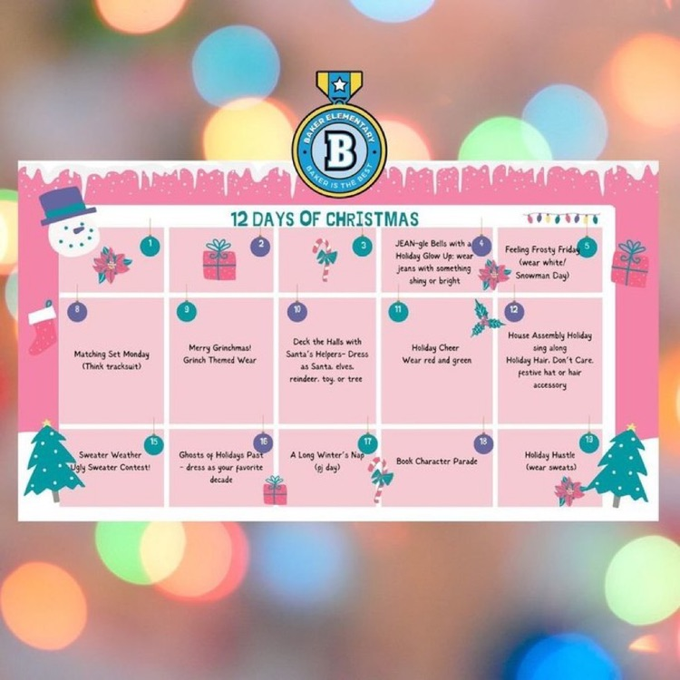 Baker Elementary 12 Days of Christmas dress up themes