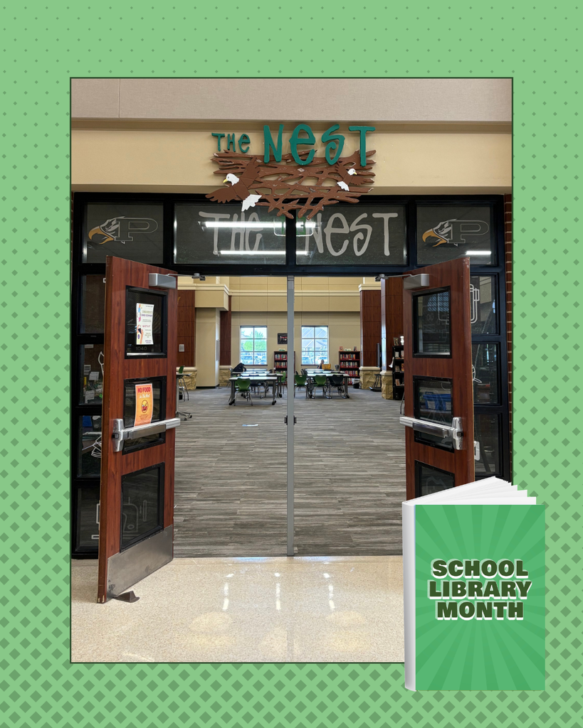 Entrance to a school library called “The Nest,” with open double doors leading into a bright, modern library space.