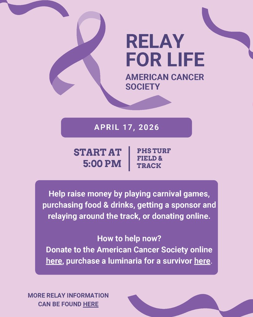 Purple Relay for Life flyer with event details for April 17 at 5:00 PM at PHS turf field and track.