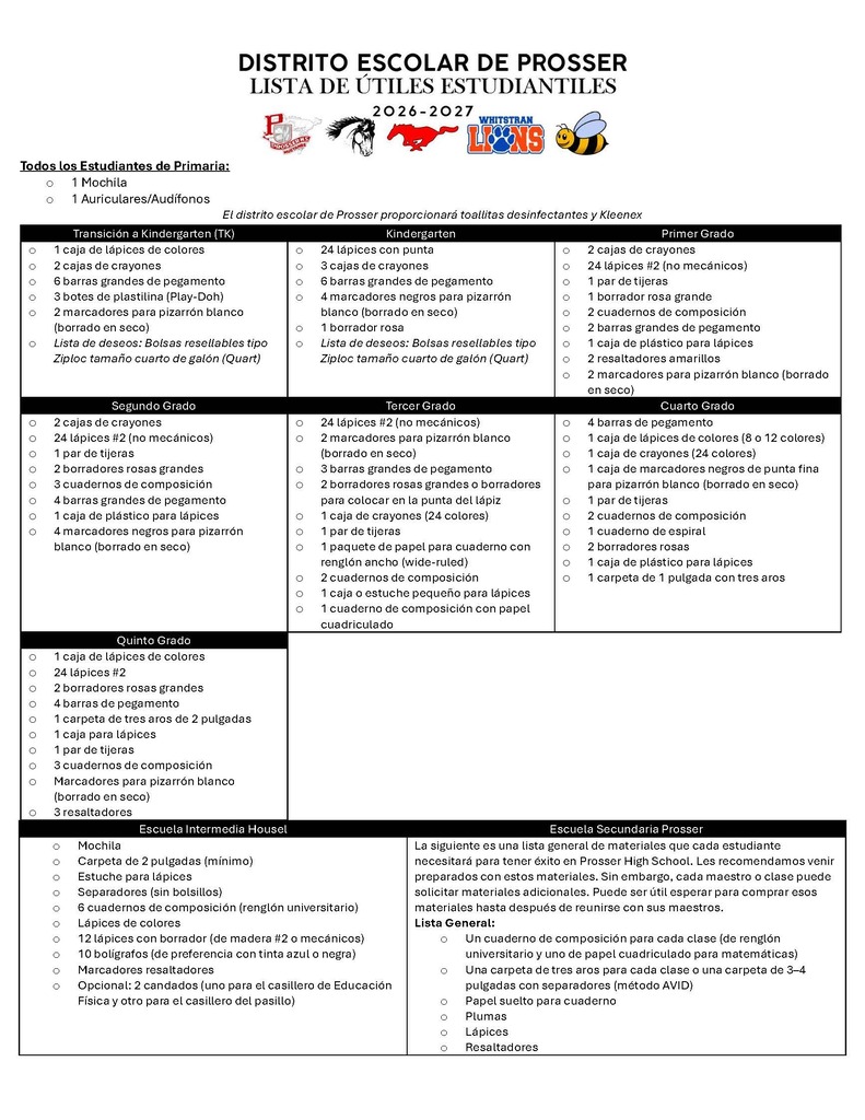 PROSSER SCHOOL DISTRICT STUDENT SUPPLY LIST - SPANISH