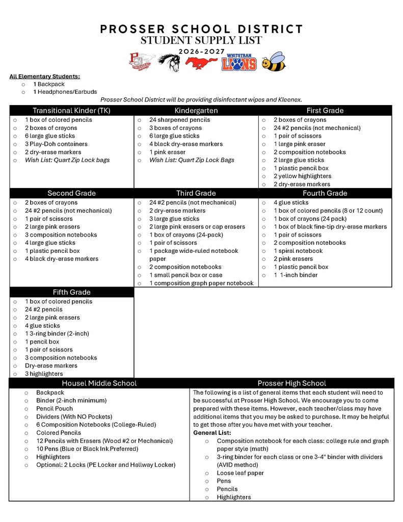 PROSSER SCHOOL DISTRICT STUDENT SUPPLY LIST - ENGLISH