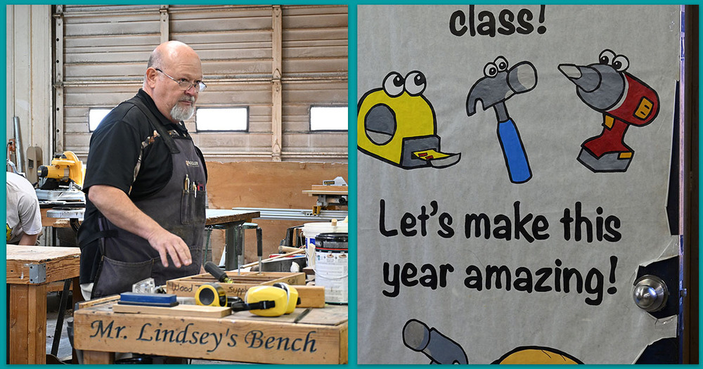 Mr. Lindsey in the shop with his sign