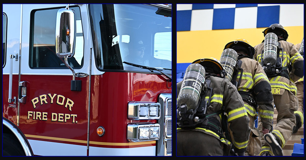 fire truck; firefighters climbing stairs