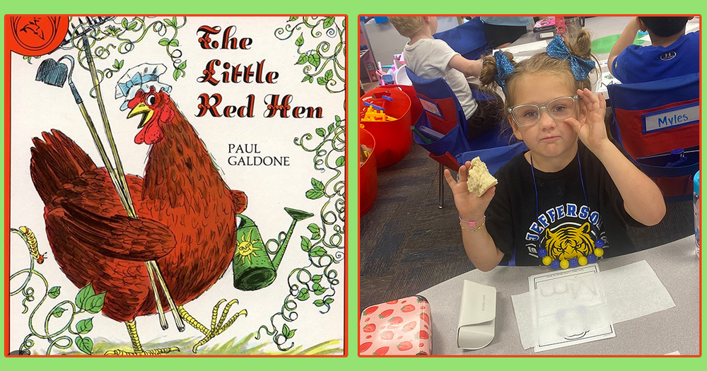 red hen and girl with bread