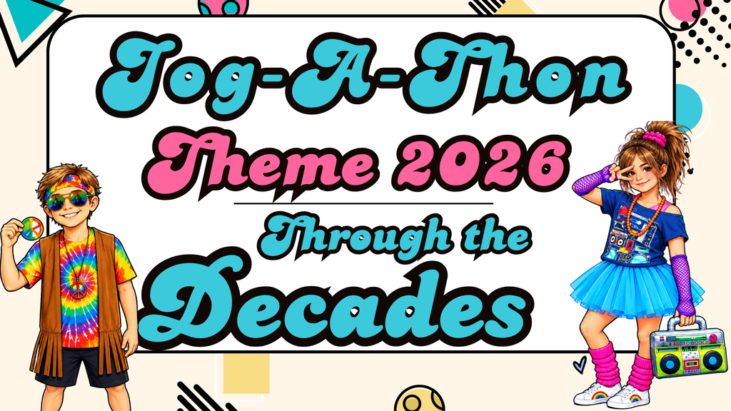 Graphic with kids posing revealing Jog-a-Thon theme as decades