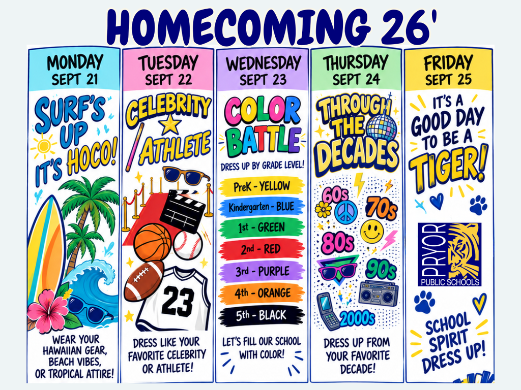 Graphics showing what our homecoming dress up days are