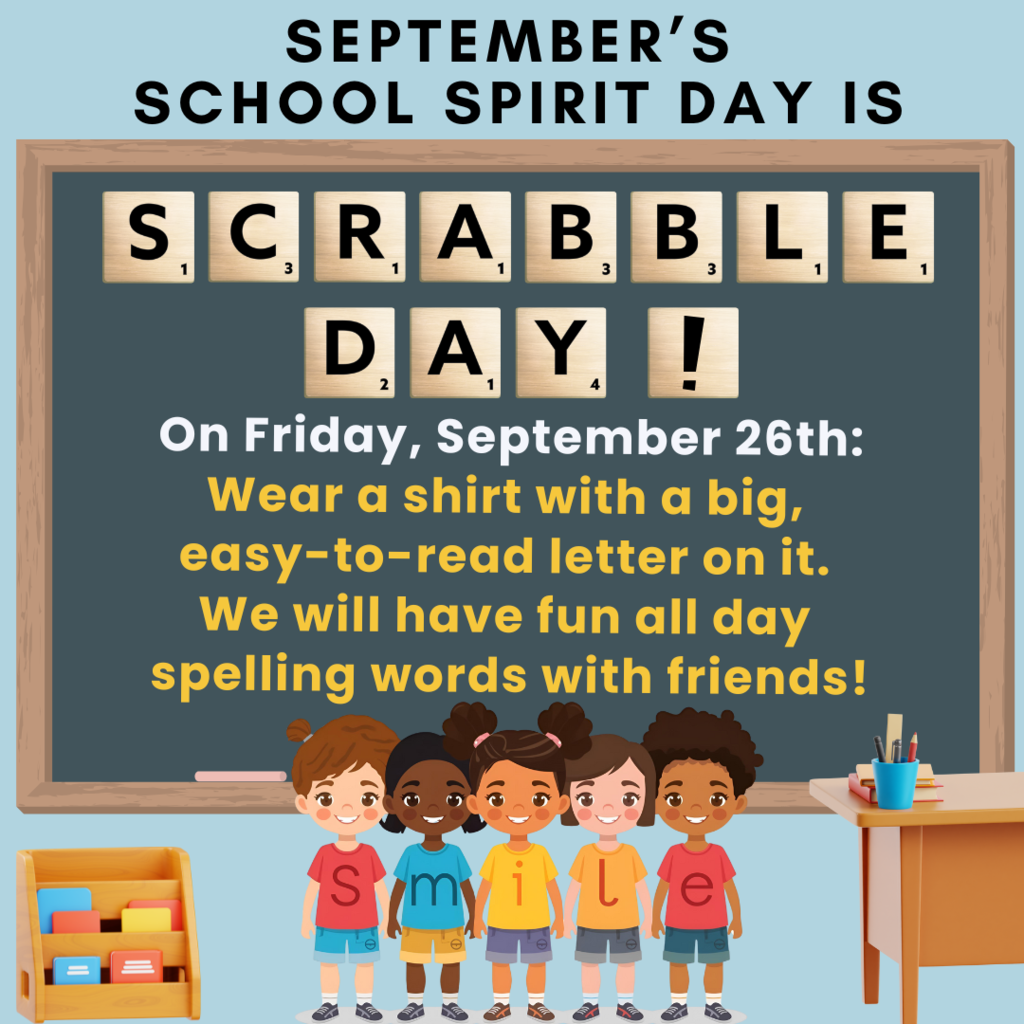 Text on image is same as in the post. Graphics show cartoon children lined up in front of a blackboard. The letters on their t-shirts spell "smile."
