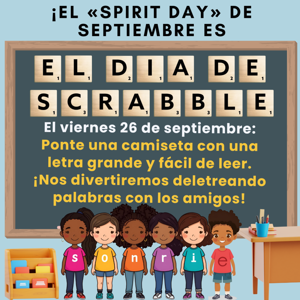 El texto de la imagen es el mismo que el de la publicación. Los gráficos muestran a unos niños de dibujos animados alineados frente a una pizarra. Las letras de sus camisetas forman la palabra «sonríe».