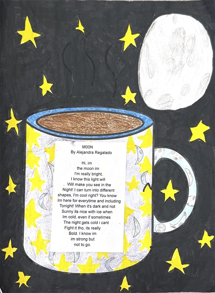 Image of one student's poem and artwork -- a steaming mug of hot chocolate decorated with the student's own designs -- stars and moon agains a night sky