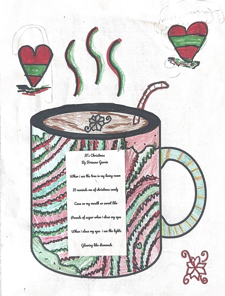 Image of one student's poem and artwork -- a steaming mug of hot chocolate decorated with the student's own designs - curved stripes in green and red surrounded by green and red hearts