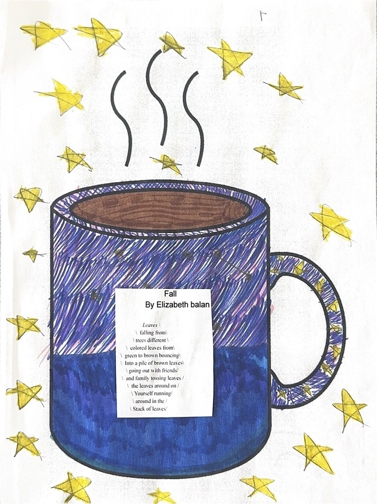 Image of one student's poem and artwork -- a steaming mug of hot chocolate decorated with the student's own designs in blue and purple, with yellow stars