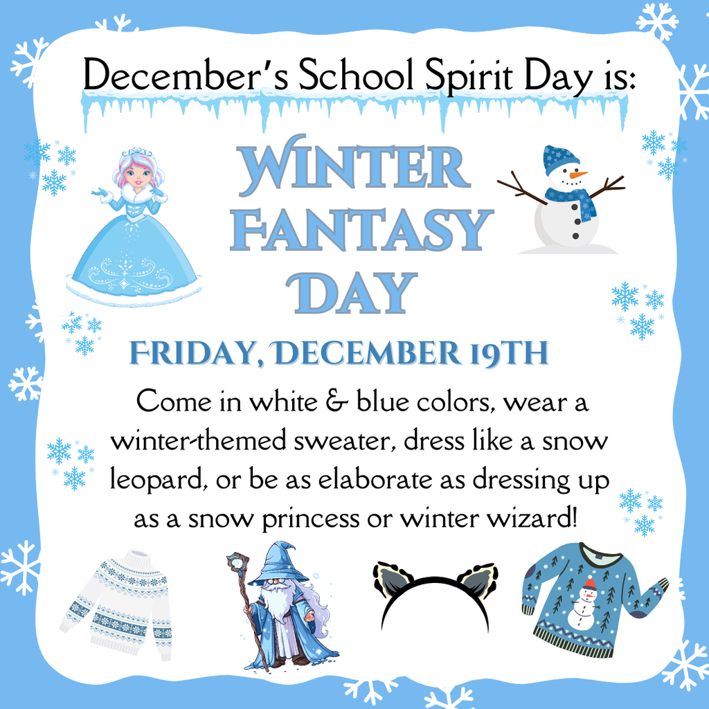Text is same as post. Text is surrounded by winter images in blue: sweaters, snowflakes, a snowman, snow princess, etc.