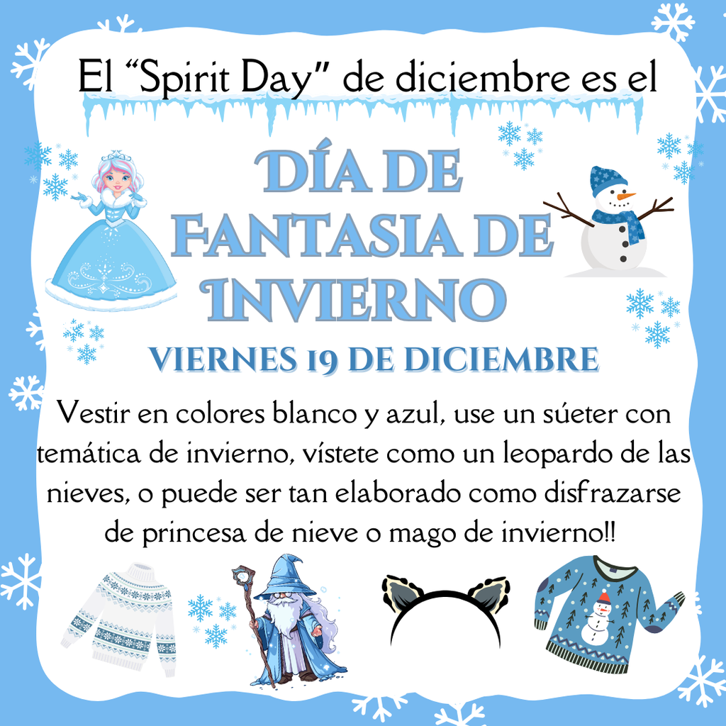Text is same as post but translated into Spanish. Text is surrounded by winter images in blue: sweaters, snowflakes, a snowman, snow princess, etc.