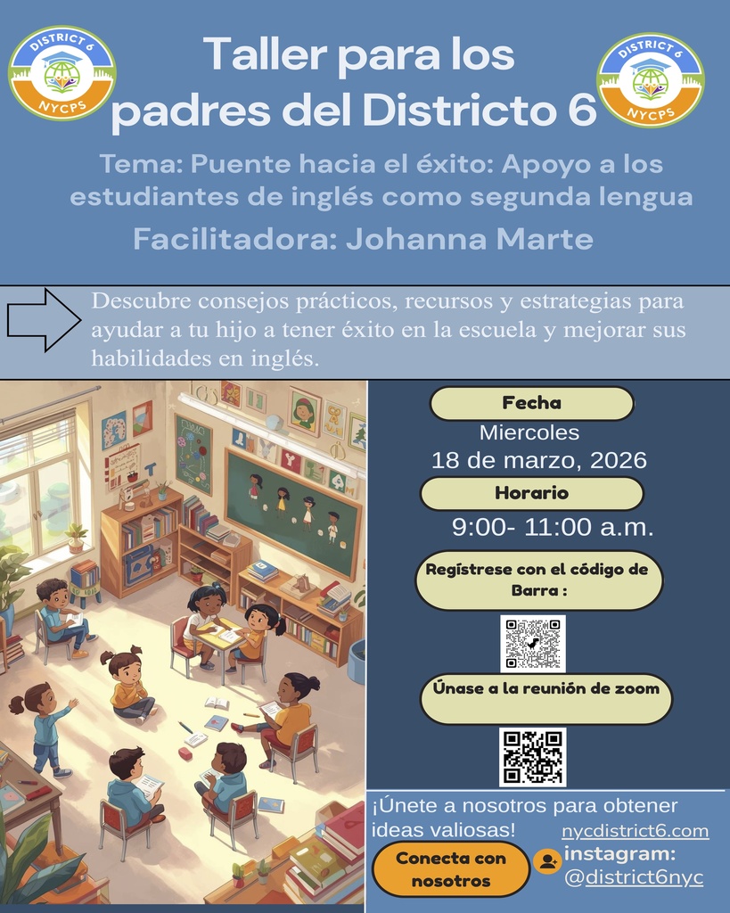 AI illustration of 7 children in a sunny classroom; text on flyer is same as the Spanish text of the post.