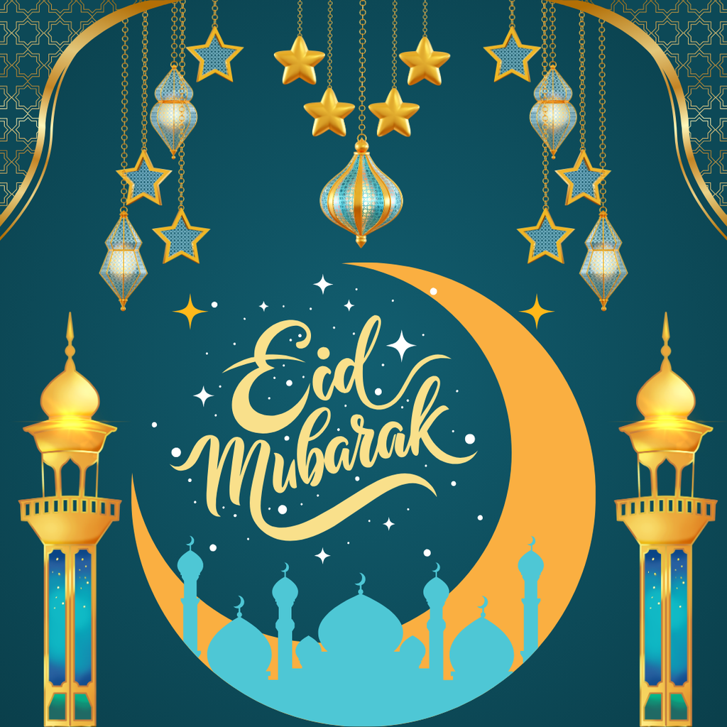 Image of a silhouette of a mosque superimposed on a large, golden crescent moon encompassing the greeting, "Eid Mubarak", with a golden minaret on either side, and stars and lanterns hanging from chains at the top of the image, all on a dark blue background.