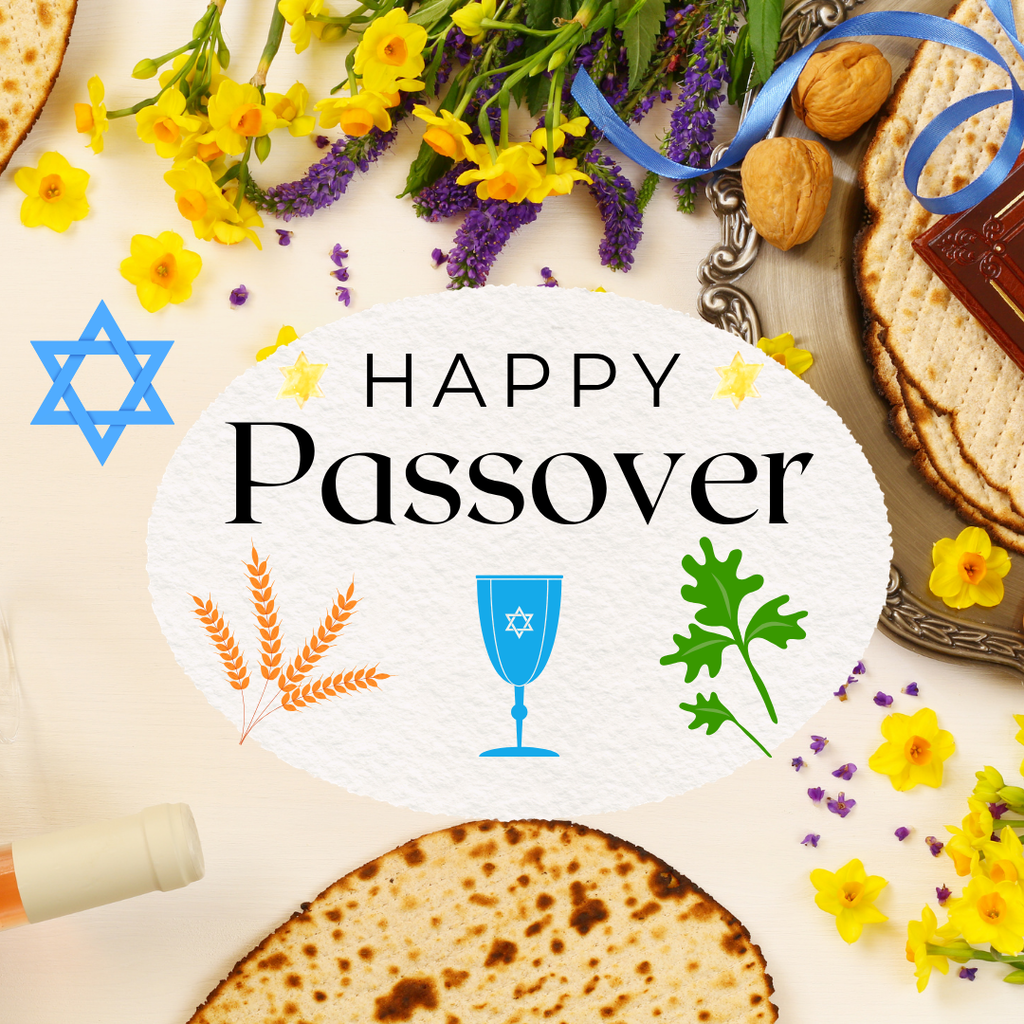 Image shows the message: Happy Passover. In the background, and surrounding the message, are symbols of Passover, in cluding matzoh, walnuts, and spring flowers.