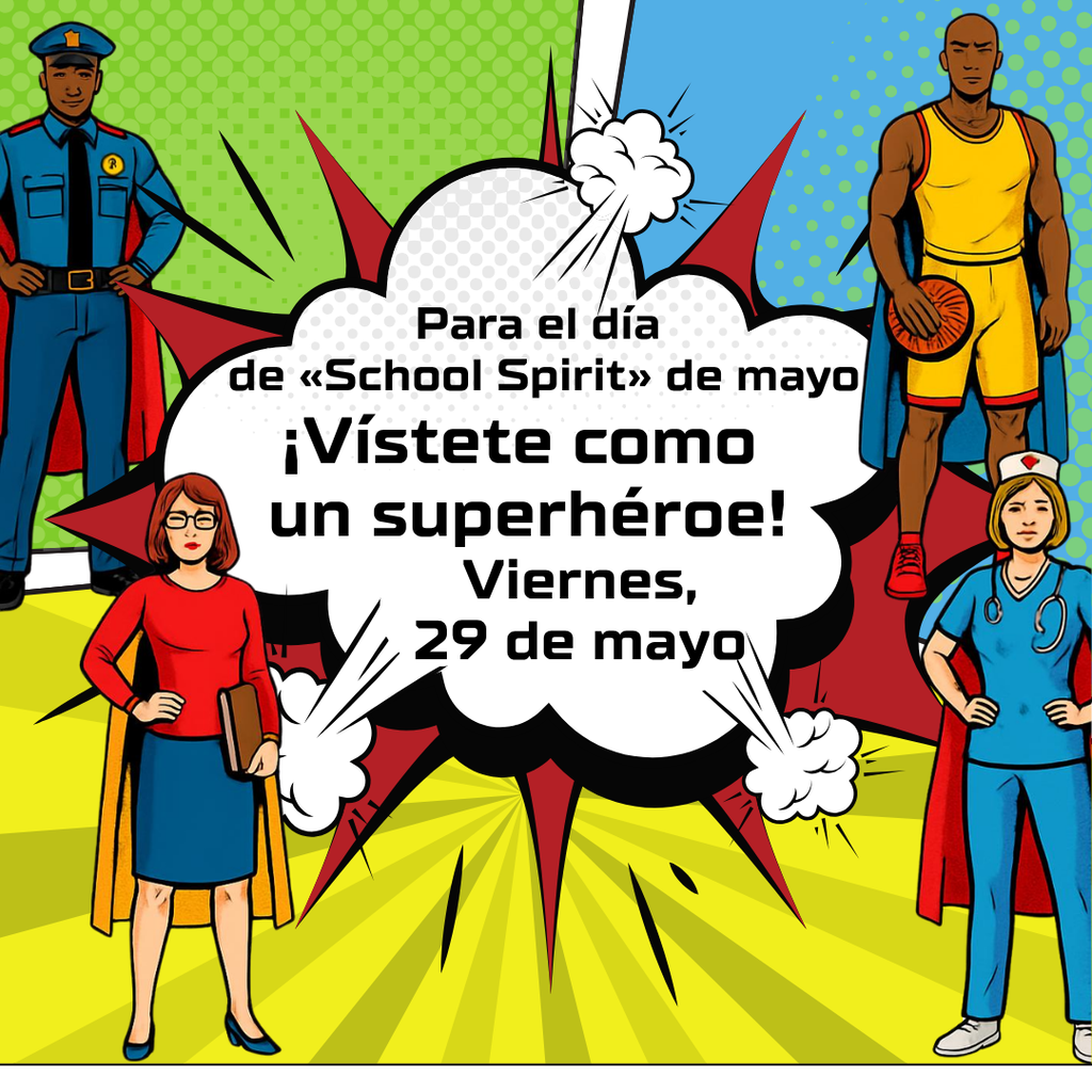 Colorful comics-style background with the same message as the text of the post (in Spanish). Around the message are cartoon characters representing a nurse, teacher, athlete, and police officer -- all wearing capes.