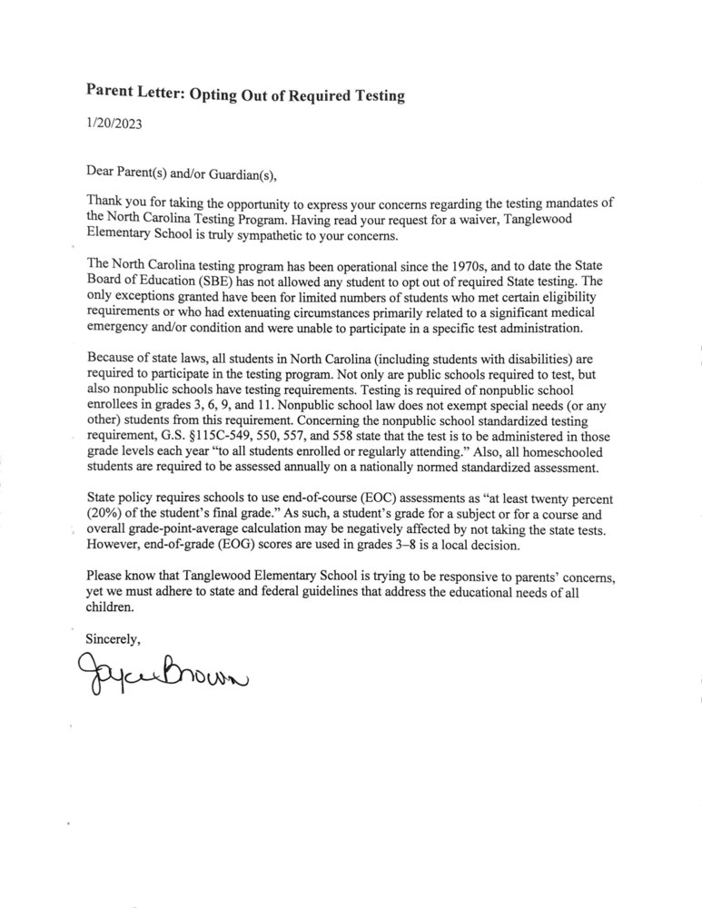 Parent Letter Opt Out Of Required Testing Tanglewood Elementary School