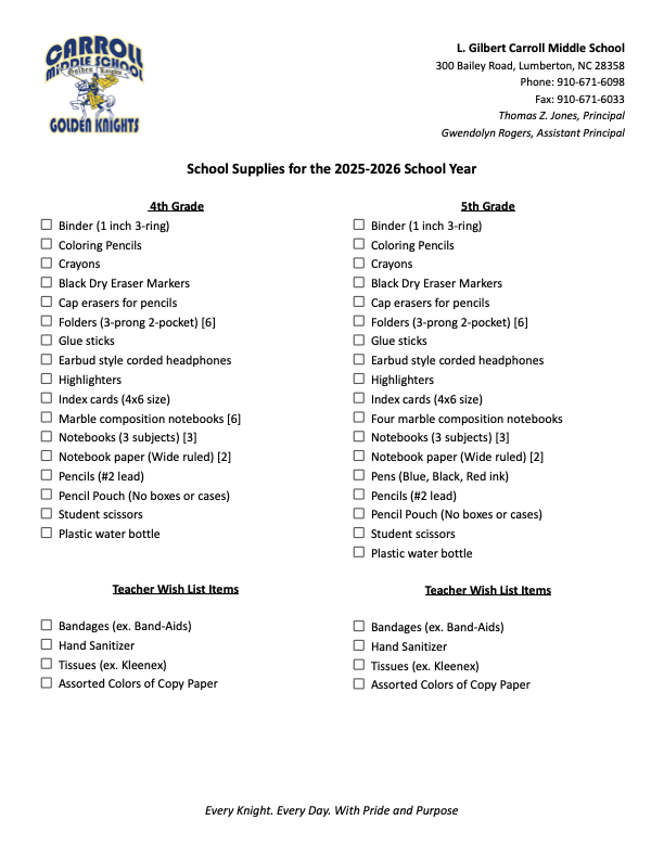 School Supplies for the 2025-2026 School Year