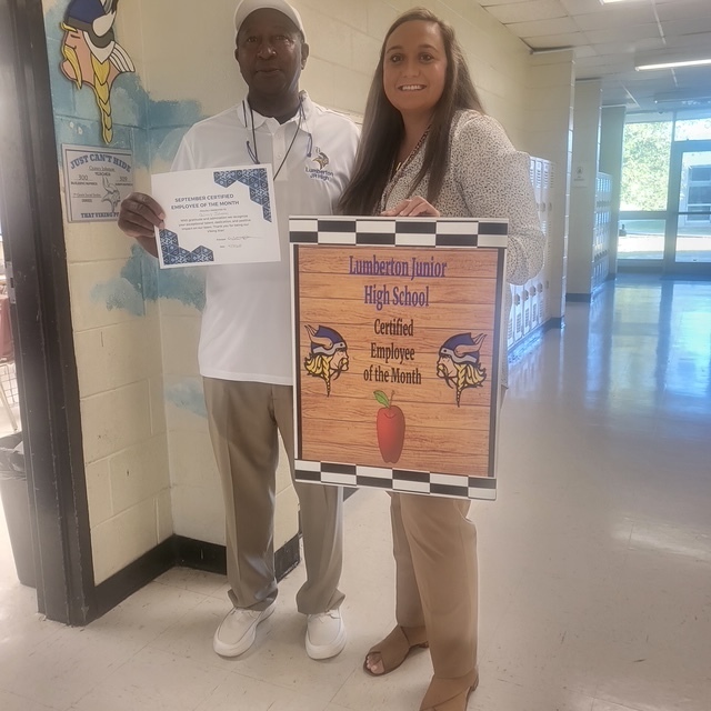 Lets recognize our Certified and Classified Employees of the Month. Pictured are Mr. Quincy Johnson receiving the Certified Employee of the Month Award and Mr. David Lewis receiving the Classified Employee of the Month Award at Lumberton Junior High School. Presenting the Award is Ms. Lauren Britt Academic Coach. Both Mr. Johnson and Mr. Lewis were recognized by their peers for their dedication and hard work. Thank you for being such great coworkers who are willing to help out the Lumberton Junior High School team!