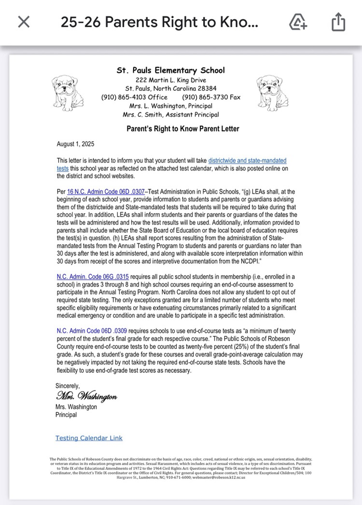 Parents Right to Know Parent Letter [English]