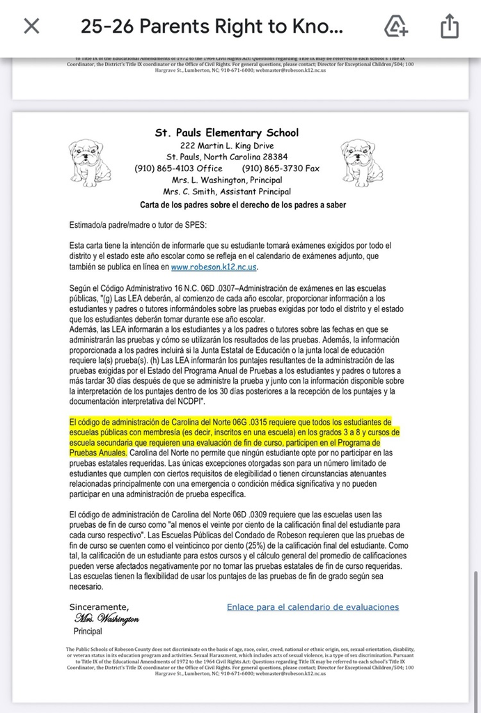Parents Right to Know Parent Letter [SPANISH]