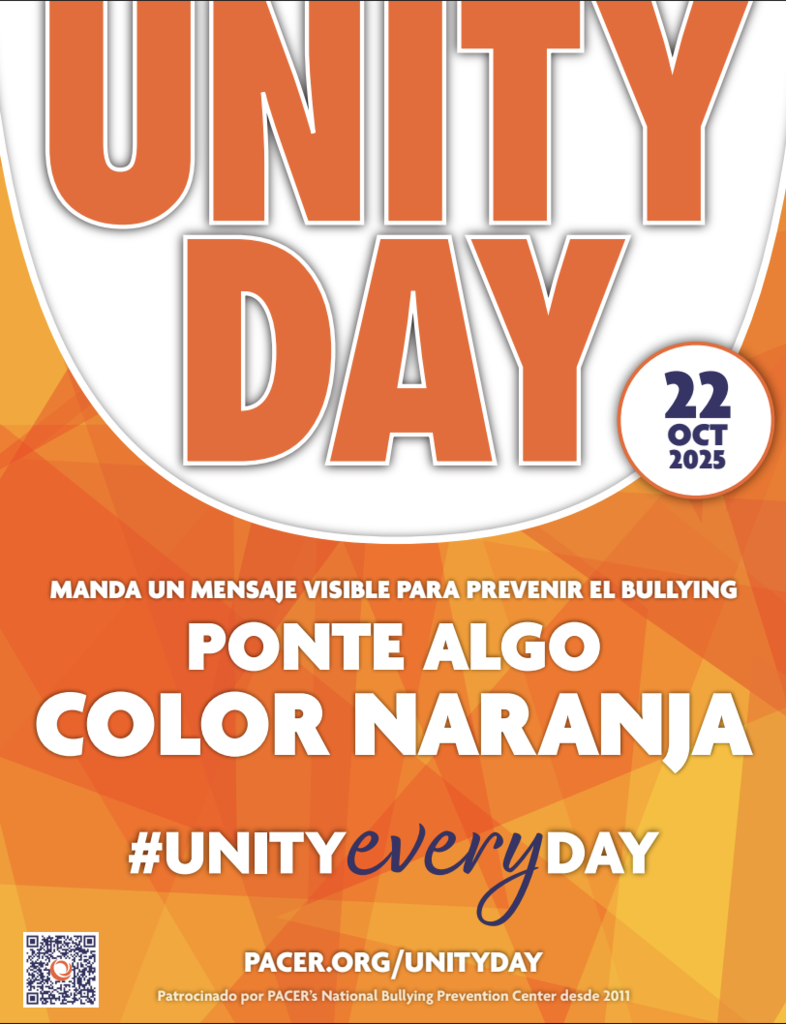 Unity Day 2025 poster with an orange geometric background. Large white and orange text reads ‘UNITY DAY.’ A circular badge on the right says ‘22 OCT 2025.’ Below, the text says ‘Send a visible message to prevent bullying. Wear and share orange. #UNITYeveryDAY.’ The poster includes the web address PACER.org/UnityDay and notes sponsorship by PACER’s National Bullying Prevention Center.