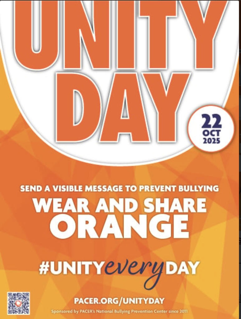 Unity Day 2025 poster with an orange geometric background. Large white and orange text reads ‘UNITY DAY.’ A circular badge on the right says ‘22 OCT 2025.’ Below, the text says ‘Send a visible message to prevent bullying. Wear and share orange. #UNITYeveryDAY.’ The poster includes the web address PACER.org/UnityDay and notes sponsorship by PACER’s National Bullying Prevention Center.