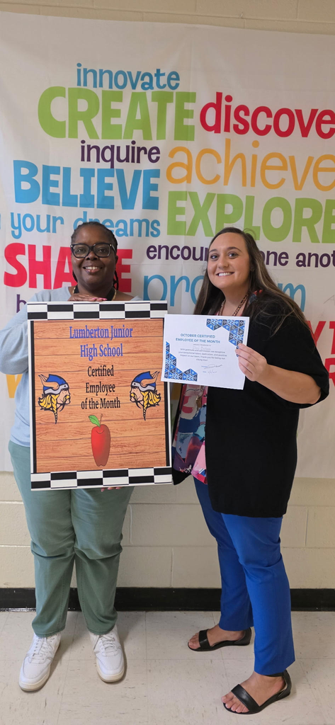 🎉 Employee of the Month Recognition! 🎉 We are proud to recognize our Certified and Classified Employees of the Month at Lumberton Junior High School! 👏 Ms. Desi Bethea received the Certified Employee of the Month Award, and 👏 Ms. Meropi Hawkins received the Classified Employee of the Month Award. The awards were presented by Ms. Lauren Britt, Academic Coach. Both Ms. Bethea and Ms. Hawkins were nominated by their peers for their dedication, hard work, and commitment to our school community. Thank you for being such amazing coworkers and for all you do to support the LJHS team! 💙🧡 #LumbertonPride #TeamLJHS #EmployeeOfTheMonth #UnityEveryDay