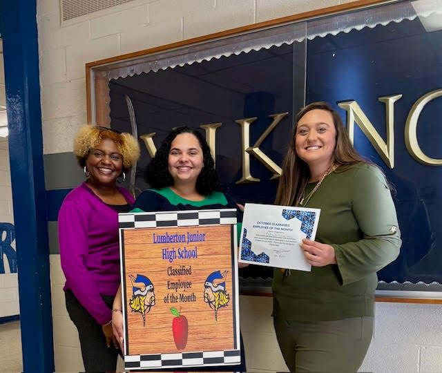 Celebrating our Certified and Classified Employees of the Month at Lumberton Junior High School!  Pictured: Mr. Donique McLaurin receiving the Certified Employee of the Month Award and Mrs. Peyton McMillian Locklear receiving the Classified Employee of the Month Award. Presentation by Ms. Lauren Britt, Academic Coach.  Both Mr. McLaurin and Mrs. Locklear were recognized by their peers for dedication and hard work. Thank you for being such great coworkers who willingly support the Lumberton Junior High School team!  #LumbertonJuniorHigh #EmployeesOfTheMonth #TeamLJHS #CommunityPride