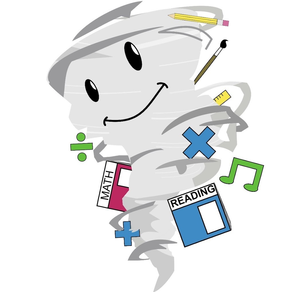 Alt text: A smiling cartoon tornado with large black eyes and a curved mouth, surrounded by school-related items including a pencil, paintbrush, ruler, division and multiplication symbols, a green musical note, and books labeled “Math” and “Reading.”