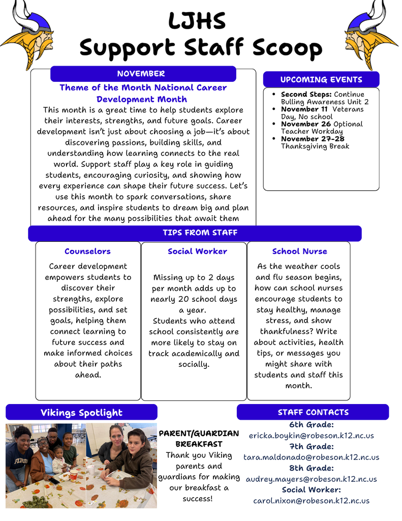 November edition of the LJHS Support Staff Scoop newsletter. It features a Viking mascot at the top corners and includes several sections:  Theme of the Month: National Career Development Month, encouraging students to explore interests and future goals.  Upcoming Events: Second Steps Bullying Awareness Unit 2, Veterans Day (Nov. 11 – no school), Optional Teacher Workday (Nov. 26), and Thanksgiving Break (Nov. 27–28).  Tips from Staff: Counselors discuss career development; the social worker highlights attendance importance; the nurse shares ideas about staying healthy and managing stress.  Vikings Spotlight: Photos of parents, guardians, and students enjoying a breakfast event. Caption thanks families for making the breakfast a success.  Staff Contacts: Lists counselor and social worker email addresses by grade level.  The layout uses blue and white colors with decorative Viking graphics.
