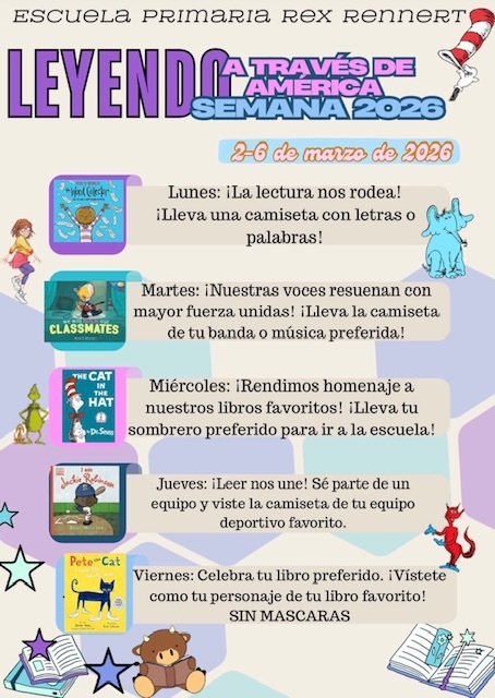 Colorful flyer providing the dress up schedule for read across america week.