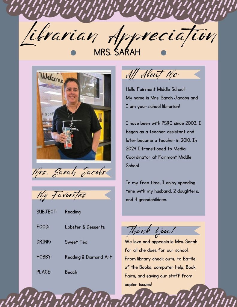 Image of Mrs. Sarah and an appreciation post. 