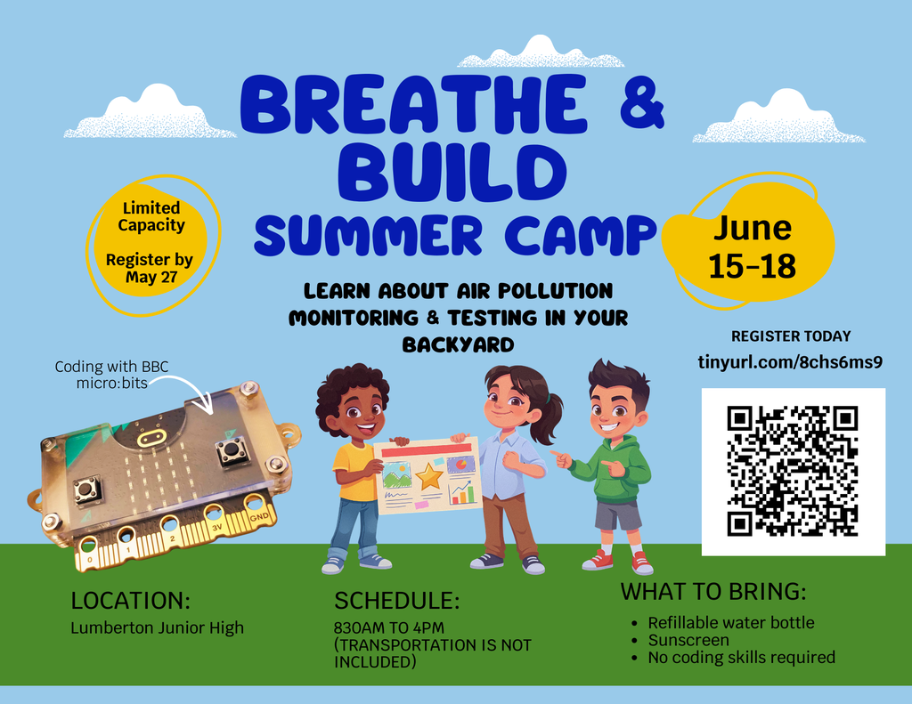 Colorful flyer for the “Breathe & Build Summer Camp” on a light blue background with clouds and cartoon graphics. Large blue text at the top reads “Breathe & Build Summer Camp.” The camp focuses on learning about air pollution monitoring and testing in your backyard. A yellow circle on the left says “Limited Capacity – Register by May 27,” while a matching circle on the right lists the camp dates as June 15–18. The flyer includes a registration link, “tinyurl.com/8chs6ms9,” and a QR code for sign-up. Illustrations show a BBC micro:bit coding device labeled “Coding with BBC micro:bits” and three cartoon children holding a presentation board. The bottom section lists event details: Location: Lumberton Junior High Schedule: 8:30 AM to 4:00 PM, with transportation not included What to Bring: refillable water bottle, sunscreen, and no coding skills required The flyer uses bright blue, green, and yellow colors with playful educational camp graphics.