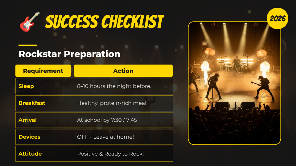 Success checklist: sleep 8-10 hours the night before; healthy, protein-rich meal for breakfast, arrival to school by 7:30/7:45, and have a positive attitude. 