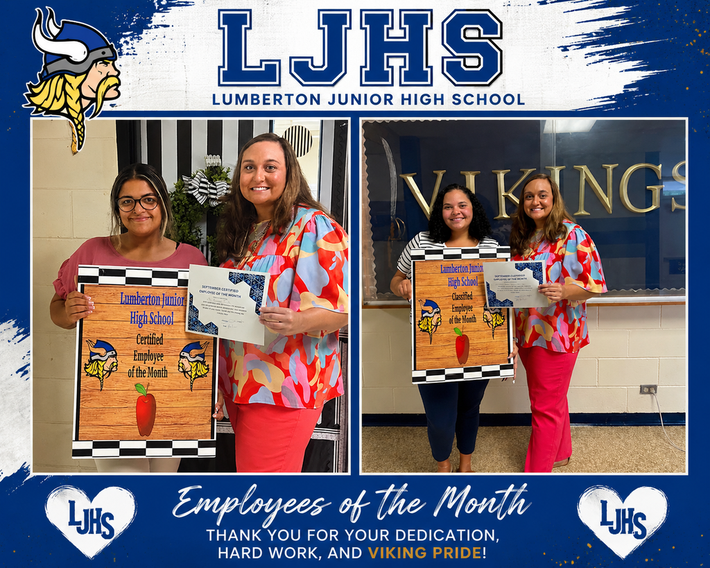 LJHS Employees of the Month collage featuring two staff members receiving Certified and Classified Employee of the Month awards, presented by Academic Coach Lauren Britt. The design features Lumberton Junior High School’s blue and white colors and Viking Pride theme