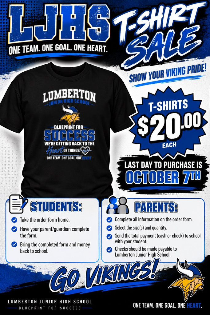 Lumberton Junior High School T-shirt sale flyer. Shirts are $20 each, and the last day to purchase is October 7. The flyer includes student and parent ordering instructions and features a black LJHS Viking Pride T-shirt.