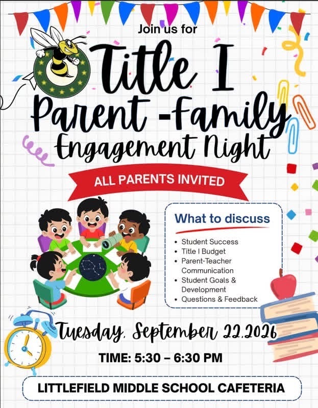 Title I Parent-Family Engagement Night Flyer inviting parents to attend the event on Tuesday, September 22 from 5:30 pm-6:30 pm in the cafeteria. 