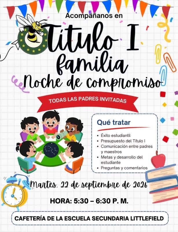 Spanish Language version of flyer for Title I Parent-Family Engagement Night on September 22 from 5:30pm - 6:30pm in the cafeteria. 