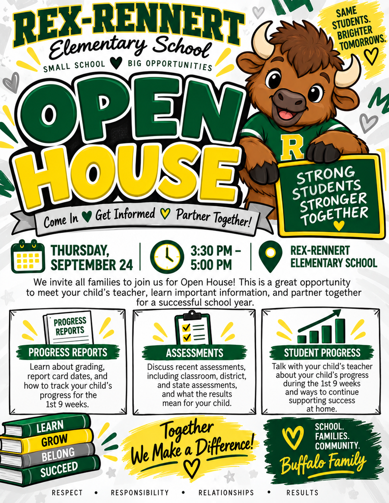 Image Description/Alt Text: An 8x11 Rex-Rennert Elementary Open House flyer in green, yellow, white, black, and gray. A smiling, kid-friendly cartoon buffalo mascot appears at the top. The flyer announces Open House on Thursday, September 24, from 3:30–5:00 PM and highlights progress reports, assessments, and student progress during the first nine weeks.
