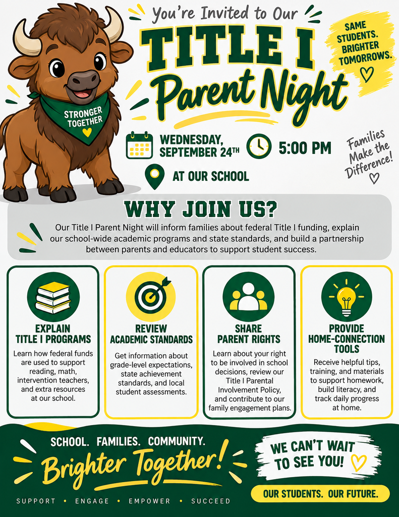 Green, yellow, white, and gray Rex-Rennert Elementary Title I Parent Night flyer featuring a smiling, kid-friendly cartoon buffalo. The flyer announces Title I Parent Night on September 24 at 5:00 PM and highlights Title I programs, academic standards, parent rights, and home-learning resources.
