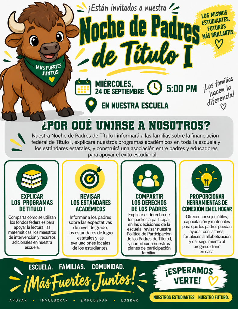 Green, yellow, white, and gray Rex-Rennert Elementary Title I Parent Night flyer featuring a smiling, kid-friendly cartoon buffalo. The flyer announces Title I Parent Night on September 24 at 5:00 PM and highlights Title I programs, academic standards, parent rights, and home-learning resources.