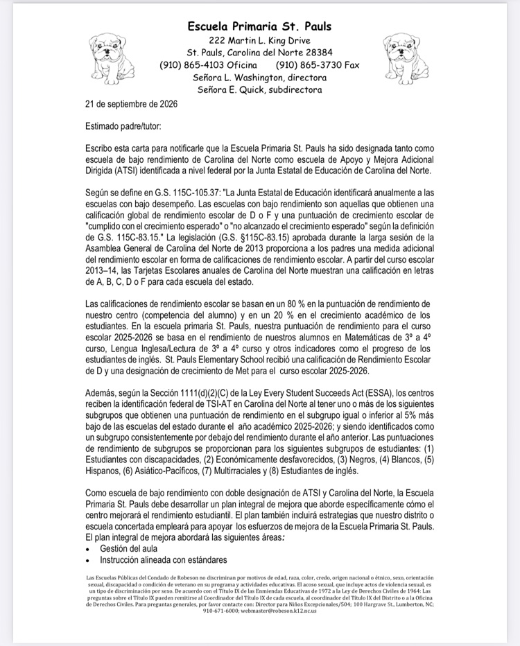 SPES Low Performing Parent letters