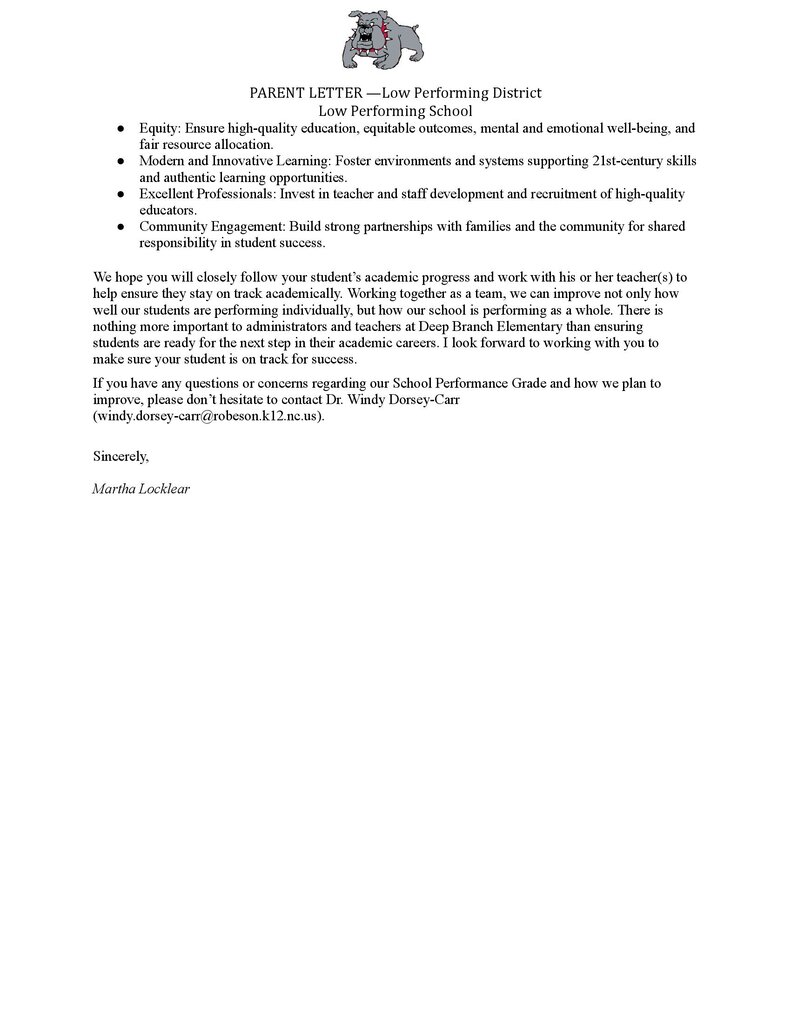 Low Performing School Letter