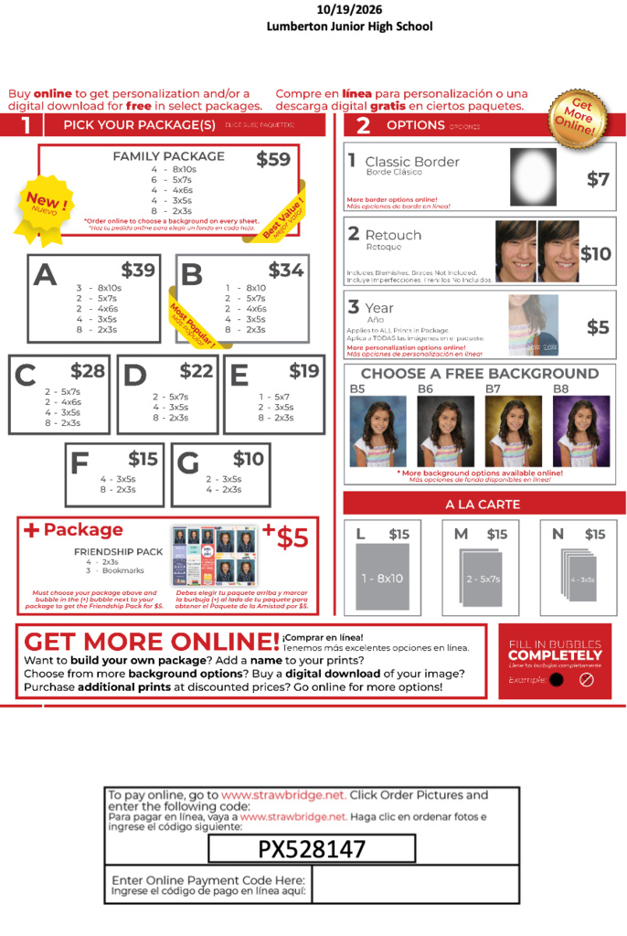 three Lumberton Junior High School Fall Picture Day flyers. The first announces Fall Picture Day on October 19, 2026. The second provides a QR code and online ordering information using picture code PX528147. The third displays available photo packages, prices, backgrounds, retouching, and additional picture options. The collage is titled “LJHS Fall Picture Day” and provides families with Picture Day and ordering information.
