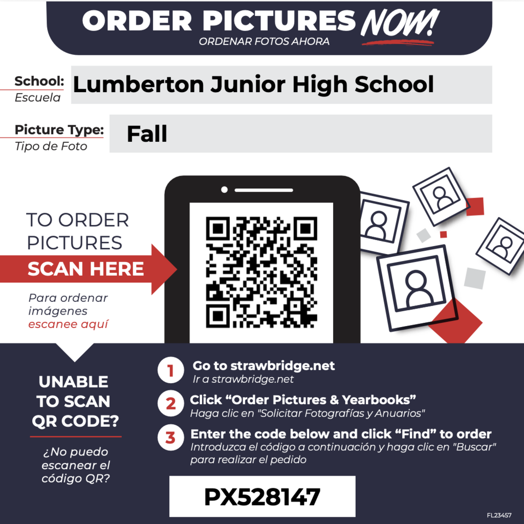 three Lumberton Junior High School Fall Picture Day flyers. The first announces Fall Picture Day on October 19, 2026. The second provides a QR code and online ordering information using picture code PX528147. The third displays available photo packages, prices, backgrounds, retouching, and additional picture options. The collage is titled “LJHS Fall Picture Day” and provides families with Picture Day and ordering information.