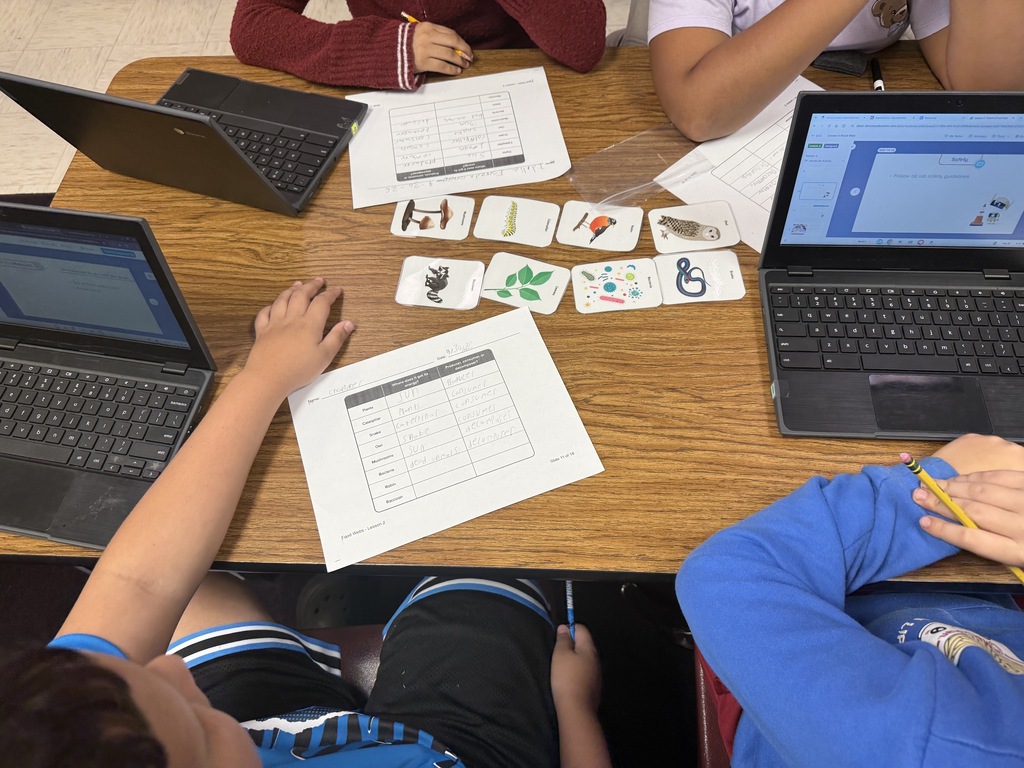 Here’s an alt text that can work for the entire group of photos: **Alt text:** Fifth grade students work collaboratively in small groups to create food webs during a hands-on science activity. Students arrange picture cards of plants, animals, fungi, and bacteria on their tables and draw arrows to show feeding relationships and the flow of energy through an ecosystem. Students also complete worksheets identifying producers, consumers, and decomposers.