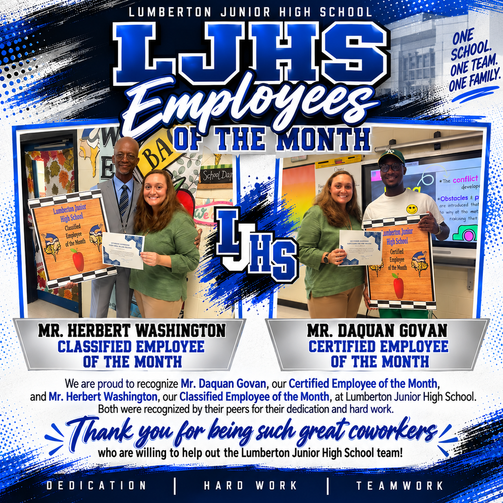 LJHS Employees of the Month collage recognizing Mr. Daquan Govan as Certified Employee of the Month and Mr. Herbert Washington as Classified Employee of the Month, pictured with Academic Coach Ms. Lauren Britt.